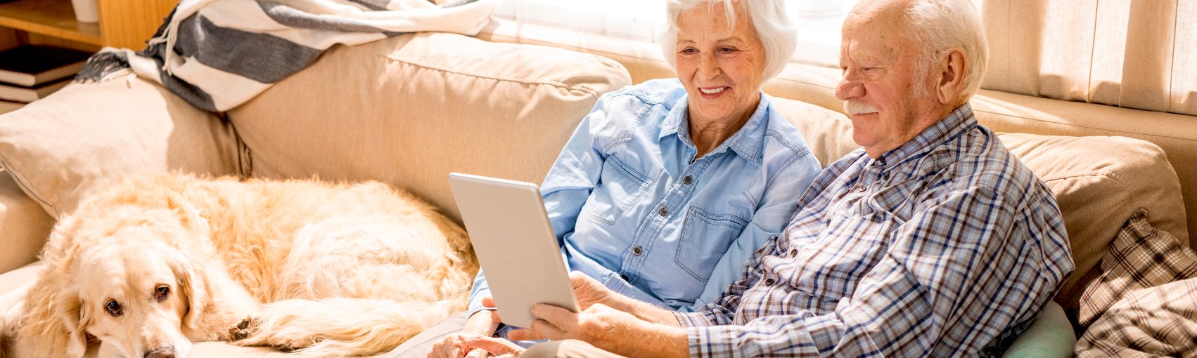 Elderly Couple Online Ordering With Dog Long Width Layout
